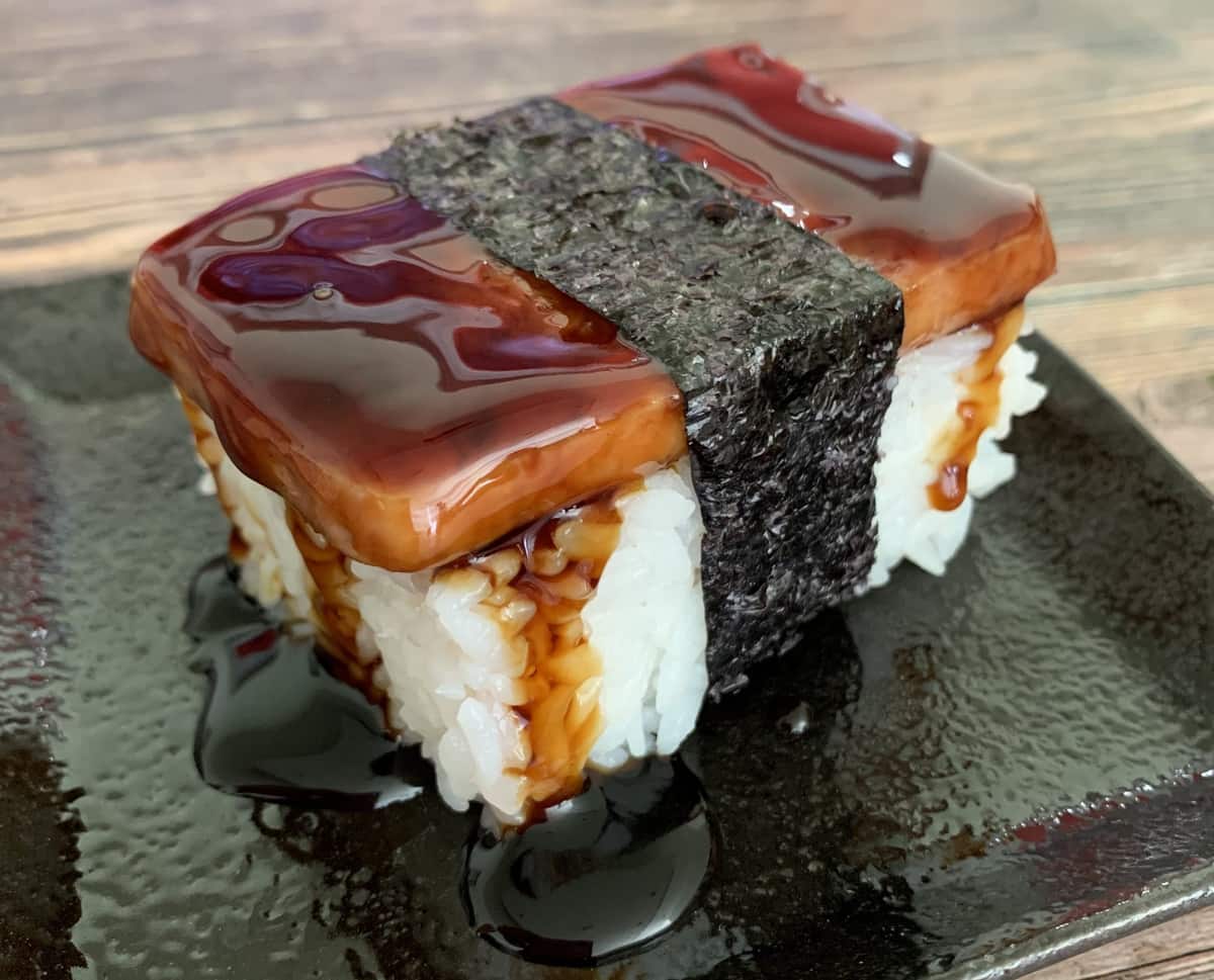 Homemade Spam musubi wrapped in nori seaweed